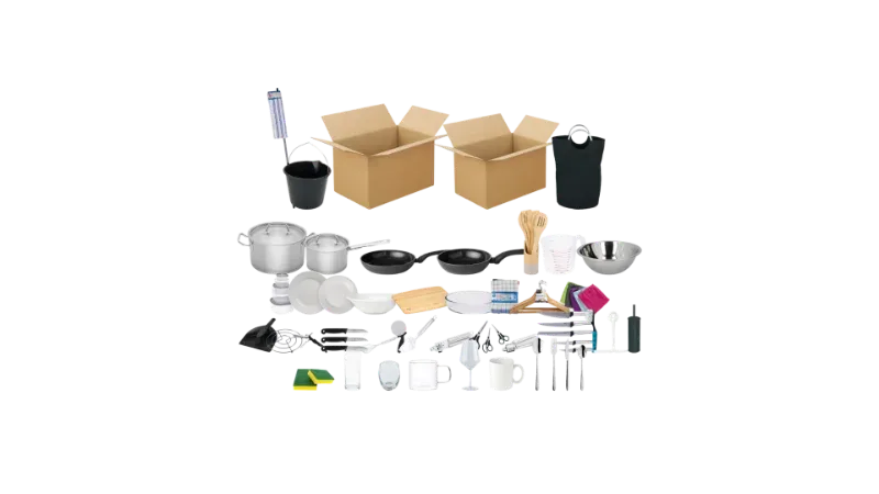 Kitchen and household starter set for expats: pans, cutlery, kitchenware and cleaning supplies