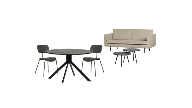 Living room and dining furniture: beige sofa, side tables, round dining table and chairs